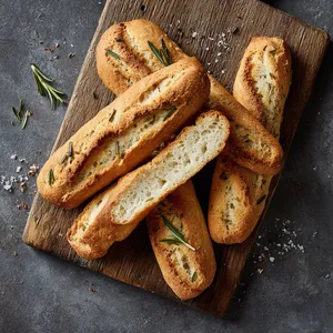 Four evenly golden-brown miniature baguettes are arranged in a cross pattern on a rustic wooden cutting board. Bits of fresh rosemary dot the airy, crisp crust. The end slice showcases the soft, cottony interior, inviting you to take a bite.