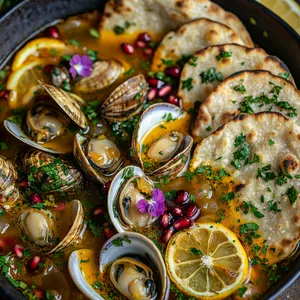 Deep green flatbreads lay on the right bottom corner, a rich burnt orange saffron-citrus broth covers plump clams, the surface glistening with drops of bright red pomegranate relish. Thinly sliced lemon wheels float around. The top is garnished with fresh herbs and edible flowers, giving a pop of color on the warm-toned dish.