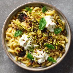 From above, a shallow bowl of twisted gemelli glistens in a pale golden sauce, tangled with deeply caramelized Brussels sprout ribbons and scattered with vivid green pistachios, mint leaves, lemon zest, chili flakes, and snowy quenelles of whipped ricotta for a dramatic, elegant finish.