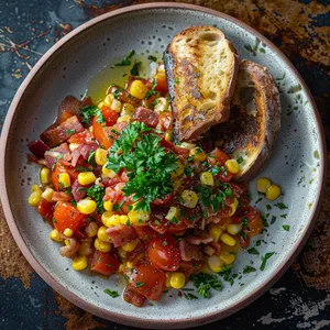 Rustic plates set with a bright, colorful mound of sautéed tomatoes, glistening with juices. Embedded are golden kernels of corn, bits of crispy bacon, and specks of fresh herbs. Slightly charred bread on the side soaks up the delicious tomato gravy, and a sprig of fresh parsley adds a pop of green to the vibrant play of red, gold, and brown.