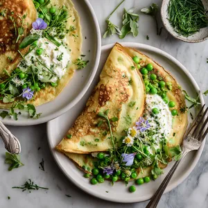 From above, two folded golden crêpes sit slightly overlapping on each plate, freckled with green chives and filled with glossy leeks and bright peas. A swoosh of whipped goat cheese peeks out at the edges, finished with a lemony salad of herbs, microgreens, and edible flowers for a fresh pastel, bistro-chic look.