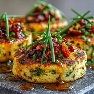 The golden-brown discs of fluffy flapjacks are adorned with vibrant, green chives. Crisp, caramel-brown bacon bits are scattered artfully on top, adding a burst of color and texture. The amber maple syrup drizzles create glistening trails on this masterpiece, inviting a bite.
