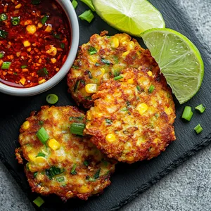 Warm, vibrant golden-brown fritters dotted with green specks of scallion, arranged elegantly on a trendy slate serving tray. A small side-dish of bright red chili dipping sauce is placed next to the fritters, garnished with a fresh scallion fan. A lime wedge perched slightly on top of the fritters brings a pop of citrusy color to the setting.