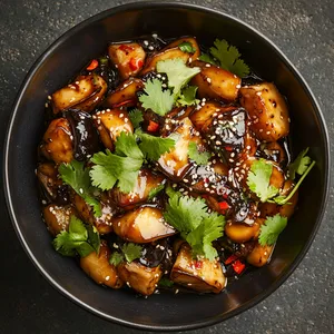 A vibrant, mouthwatering dish, with sleek stir-fried shellfish and plump, broiled oyster mushrooms, all covered in a glossy, rich black bean sauce. Garnished with a spritz of fresh, green cilantro leaves and a sprinkle of white sesame seeds on top.
