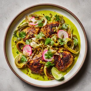 From above, a wide platter shows a swoosh of vivid light-green sauce topped with golden-brown chicken thighs, ribbons of charred leeks, rosy radish slices, scattered pumpkin seeds, cilantro leaves, and lime wedges for a bold, spring-bright contrast.