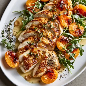 From above, sliced golden-brown chicken fans across a wide white platter with blistered apricot halves, scattered arugula, tiny shallot ribbons, and glossy Dijon sauce pooling beneath. Fresh thyme leaves and cracked black pepper finish the plate with a chic, bistro-style look.
