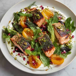 From above, a wide white plate shows a swoosh of pale whipped feta topped with deep green charred little gem halves, blush-pink salmon fillets, glossy roasted apricot halves, scattered pistachios, dill fronds, mint leaves, and tiny ruby drops of pomegranate molasses.