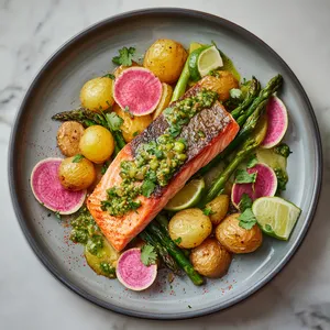 From above, a wide plate shows a blush-pink salmon fillet over golden smashed fingerlings and charred green asparagus, spooned with vivid emerald pepita salsa verde and scattered with thin watermelon-radish slices, cilantro leaves, lime wedges, and a dusting of chili for a striking, high-contrast finish.