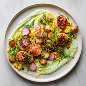From above, a wide white platter shows a swoosh of pale green herbed buttermilk topped with golden-brown scallops, halved crispy new potatoes, charred corn kernels, pink radish slices, fresh dill fronds, chive batons, and lemon zest scattered for a bright, polished finish.