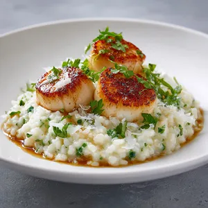 A clean, white plate frames a mound of creamy risotto tinted with subtle greens and flecks of white celery root. Atop this bed of risotto, three golden-brown scallops glisten, with a sprinkle of fresh parsley and a drizzle of brown butter adding color and texture.