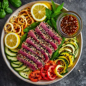 Glistening purple tuna topped with black and white sesame seeds sits in the center of the plate, surrounded by a rainbow-hued array of zucchini spirals, brightly colored slices of red bell pepper, and vibrant snap peas. Lemon wedges and sprigs of fresh mint are scattered about the dish for color contrast. The dressing is served on the side in a small glass bowl, bits of minced ginger visibly floating in the soy concoction.