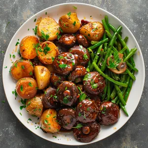 From above, you'll see robust, brown Shiitake mushrooms that hold the plate's center, glistening with a glossy red wine reduction. Golden potatoes and crisp, vibrant green beans add a delightful color contrast. A sprinkle of fresh parsley adds a pop of green and tying the entrée together.