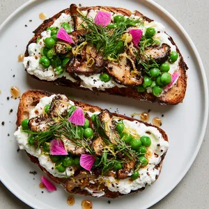 From above, two open-faced tartines sit on a white plate, smeared with cloud-like whipped chèvre and topped with bronzed shiitake slices, bright green peas, feathery tarragon, lemon zest, and scattered pink radish crescents, with a glossy drizzle and tiny cracked pepper specks.