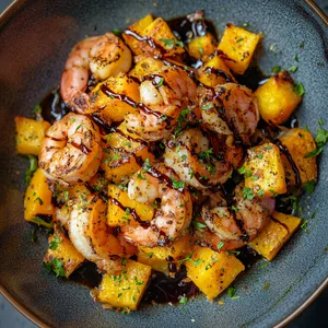 A vibrant mixture: the light pink curled shrimp sit upon a patchwork of diced, roasted squash in hues of orange and yellow. The lattice of balsamic reduction drizzled on top adds a stark, dark contrast. Sprinkles of chopped fresh parsley and a few strands of saffron scatter across the top for eye-catching appeal.