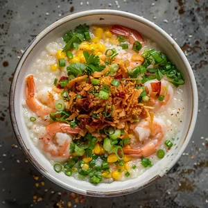 The creamy, pearl-white congee forms a stunning base dotted with pink curled shrimp, golden crispy corn kernels, vibrant green herbs, and a delicate drizzle of chili oil. The dish is a harmony of textures and colors, making it irresistible for both your taste buds and Instagram followers.