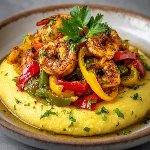 A plate presenting a generous dollop of creamy yellow polenta as a base, studded with flecks of green herbs. On top, nestle a colourful tumble of sautéed peppers in hues of red, yellow, and green, and beautifully golden, Cajun-spiced shrimp. A sprig of fresh parsley adorns the vibrant mound, while a light drizzle of olive oil lends a slight sheen to the dish.