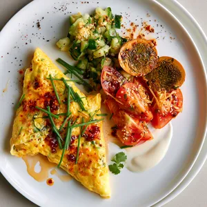 From above, two soft golden egg crepes are folded into loose quarters on wide white plates, draped with glossy chili crisp and scattered with bright green chive batons. Beside them sits a tangle of smashed cucumber and jewel-toned tomato wedges glistening with sesame and ginger. Halved marbled tea eggs add dramatic pattern, while a pale swoosh of soy yogurt and tiny cilantro leaves create a fresh, editorial finish.