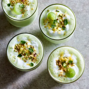 From above, four frosty glasses glow pale jade with a glossy, velvety surface, each swirled with white yogurt, scattered with finely chopped pistachios, tiny mint leaves, lemon zest, and a few halved green grapes for a fresh, sunlit, jewel-like finish.