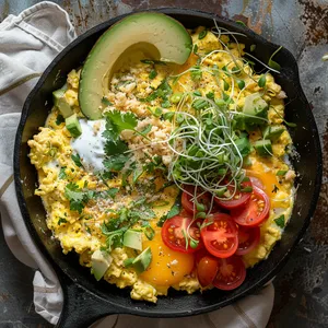 A rustic cast iron skillet filled with fluffy scrambled eggs specked with vibrant green cilantro. Bright red tomatoes and a creamy half avocado garnished with fresh cilantro sit at the edge of the skillet. The dish is topped off with swirls of sour cream, alfalfa sprouts, and a sprinkle of crumbly cheese.