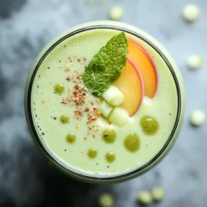 A vibrant, light green fruit smoothie filled with energizing matcha and dots of leek. The smoothie is garnished with a thin slice of peach, a leaf of fresh mint, and a pinch of matcha powder on top. Served in a large, clear glass that beautifully showcases the unique color and texture of the mixture.