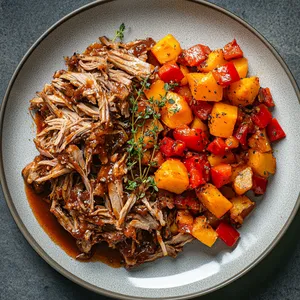 Tender, shredded, caramel-brown pieces of pork glisten with a light coating of tangy BBQ sauce, arranged in a half moon on the plate. Adjacent to it, a vibrant hash consisting of golden butternut squash, rich red bell peppers, and verdant sprigs of fresh thyme completes the plating, making an exciting color contrast.