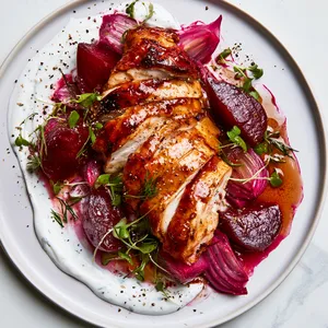 From above, sliced glazed chicken fans over deep magenta beet wedges and onions, with white dill yogurt swooshed across the plate, scattered microgreens, cracked pepper, and a glossy cider-beet sauce pooling around everything.