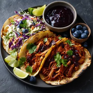 Imagine a plate showcasing a mound of tender, saucy pulled chicken tinted with the bluish-purple hue of the blueberry BBQ sauce. It's served on warm corn tortillas, cosily nestled amidst rainbow slaw, garnished with a sprinkle of cilantro and a side of extra blueberry BBQ sauce. A slice of lime and a handful of fresh blueberries are the flourish on top.