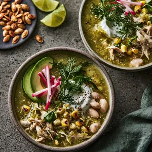 From above, shallow bowls of shredded chicken in glossy green tomatillo sauce, dotted with charred corn and creamy white beans, topped with feathery chervil, radish matchsticks, avocado slices, and a swirl of crema beside toasted pumpkin seeds and lime wedges.
