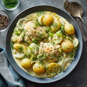 From above, a shallow platter of golden chicken nestled among halved baby potatoes, pale green leeks, and soft fennel in a glossy ivory sauce, finished with feathery dill, lemon zest, cracked pepper, and a drizzle of olive oil.
