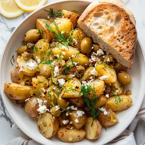 A white deep-dish platter filled with golden brown new potatoes lightly stewed, garnished with sprigs of fresh dill, sprinkles of crumbled feta cheese, bursts of green olives and droplets of yellow lemon zest. A slice of crusty bread sits to one side.