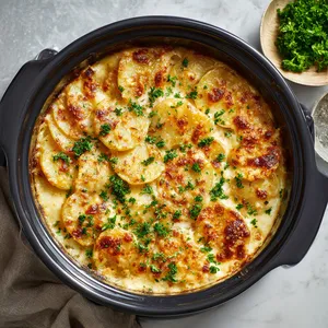 Creamy mixture of thinly sliced parsnips peaking through a golden-brown, bubbling cheese surface. Sprinkled on top are flecks of fresh green parsley, providing a stunning color contrast.