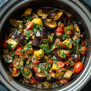 A delightful sight of deep purple, creamy whites and vibrant greens, garnished with a touch of redness from cherry tomatoes. It's a beautiful mosaic of colorful vegetables in a slow-cooker pot, with an irresistible aroma wafting from it.