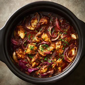 A bubbling crockpot of rich auburn stew, with swirls of softened radicchio peeking through chunks of succulent chicken and amber pools of sesame oil. A sprinkle of bright green herbs on top add a pop of color.