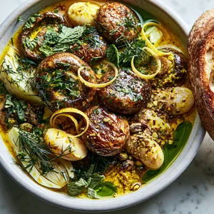 From above, a shallow bowl filled with glossy bronze cremini mushrooms, creamy white gigante beans, and soft wedges of fennel in a golden saffron broth, finished with scattered torn dill and mint, thin curls of lemon zest, crushed pistachios, and a drizzle of emerald olive oil, with toasted bread leaning at the edge.