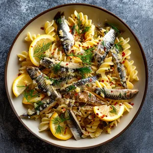 A symphony of colors fills the plate. The bright yellow lemon wedges and soft green dill contrast beautifully with the silvery sheen of the sardines atop the creamy white pasta. Crushed red pepper flakes add a dash of bold red drama to the mix.