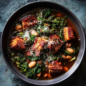 A rich, deep colored broth, speckled with hearty cuts of tender, smoky pork belly and brimming with vibrant, wilted kale. Heirloom beans scattered throughout add pops of color. It's topped off with a light dusting of finely grated Parmigiano Reggiano, adding an Instagram-worthy touch.