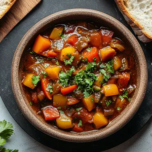 A vibrant mix of colorful vegetables like carrots, bell peppers, and onions peeping through a rich, thick, reddish-brown stew topped with a sprinkle of fresh chopped cilantro. All served in a rustic bowl plated on a charcoal cutting board with a side of warm, crusty bread.