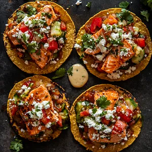 From above, you'll see the bronze glazed salmon chunks scattered artfully on top of the golden crunchy tostada base. The vibrant red and green veggies add pops of color while crumbled queso fresco and a sprinkle of cilantro leaves spell out 'fresh and homemade'. A drizzle of adobo crema draws a creamy line across the dish, making it ready for the photo shoot.