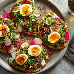 From above, four toasted slices are arranged on a large platter, each layered with vivid green smashed peas, ruby-edged radish ribbons, halved jammy eggs, and glossy golden anchovy crumbs, finished with paprika oil, herbs, and flaky salt for a colorful, modern tapas look.