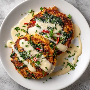 Two warm golden-brown griddle cakes taking center stage on a white plate. Over the top, trickled a rich, creamy, off-white parmesan sauce. Vibrant green and red Swiss Chard peeping from within the cakes, adding a lovely contrast. Sparse sprinkling of smoked turkey pieces and a final dusting of Parmesan gives it an enticing finish.