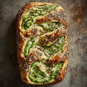 A rustic, artisan-looking loaf of bread with a golden crust sprinkled with poppy seeds. The top of the bread is artistically scored, revealing beautiful green swirls of snow peas intertwined with melting pockets of cheesy goodness.