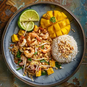 A plate with two distinct parts. On one side, the golden brown noodles of Pad Thai are abundant with pink shrimps, green onions, and tiny tofu cubes. A ring of juicy lime slices surrounds this feast, and a sprinkle of crushed peanut tops it. On the other side, a mound of glossy sticky rice sits alongside juicy, bright yellow mango slices. The rice has a gentle, lavender-colored hue from the mango-pandan syrup and is sprinkled with sesame seeds.