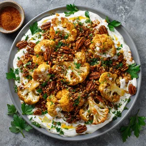 A vibrant and inviting platter, the golden-brown roasted cauliflower stands as the star nestled in the creamy Greek yogurt with a hint of bright lemon zest. The pecan crumble is scattered generously, adding an appealing, textured contrast. It's finished with sprigs of fresh green parsley and a smoky dusting of paprika.