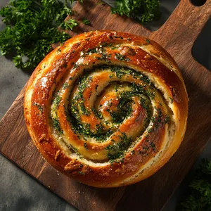 A stunning round bread loaf, golden-brown and slightly glossy on the top. It's cut into revealing a delightful swirl pattern of vibrant green parsley within its fluffy, honey-brown interior. The bread is plated on a rustic wooden board with fresh parsley around.