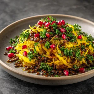 Lustrous horns of golden spaghetti squash spilling over with roasted lentils, the dish is showered with verdant flecks of parsley and gleams of extra virgin olive oil. Pomegranate arils add a pop of vibrant red, transforming the plate into an edible masterpiece.