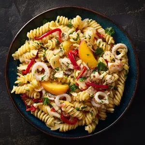 A generous serving of golden fusilli pasta, strewn with pieces of sun-kissed nectarine, and interspersed with calamari rings. Shreds of Manchego cheese sneak their way in, adding creaminess, and blanched piquillo peppers pop out with their vibrant red tone. A scattering of fresh parsley adds a sprig of green, and a slight yellow hint of saffron dressing makes the entire arrangement visually warm. The dish is swirled with hints of golden Spanish olive oil and it is served in a rustic dark-blue dish for contrast.