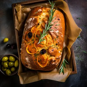 The bread is round, with a rustic crust and a warm golden interior dotted with orange pieces, olives and rosemary.