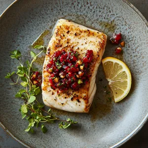 A beautifully seared, golden halibut fillet takes center stage on the plate, topped with a vibrant red barberry and walnut relish. A lemon wedge and sprigs of fresh herb garnish lie on the side, adding a splash of color.