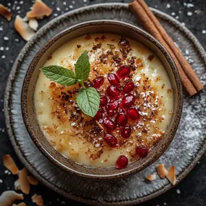 The dessert is delicately plated in a small rounded ceramic bowl. Its golden color with specks of black from the spices, topped with toasted coconut flakes, pomegranate seeds and a sprig of mint providing a pop of color. A tiny cinnamon stick rests on the side as a hint to the beautiful autumnal spices within. The plate is dusted lightly with icing sugar, resembling the first snow of the season.