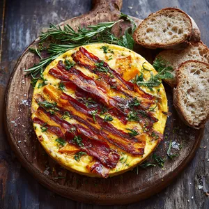 A creamy, golden-yellow frittata sprinkled with melted parmesan, sitting on a rustic wooden serving board. Long, paper-thin stripes of red and orange crispy squash skin 'bacon' are layered over the top, alongside sprigs of fresh green rosemary. The dish is served with slices of crusty sourdough bread and garnished with fresh garden greens.